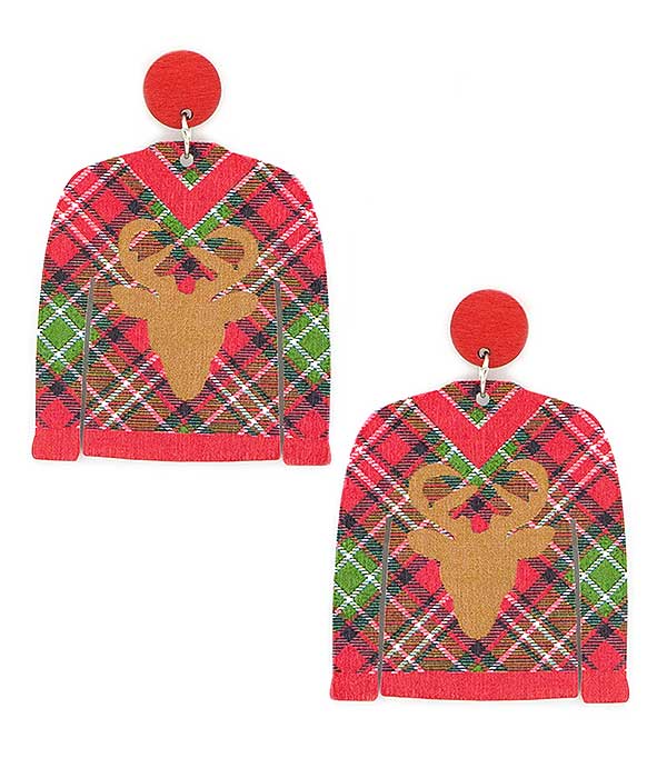 CHRISTMAS THEME UGLY SHIRT WOOD EARRING - PLAID PATTERN