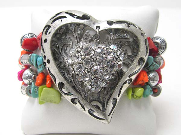 Crystal deco heart top natural chip stone stretch bracelet