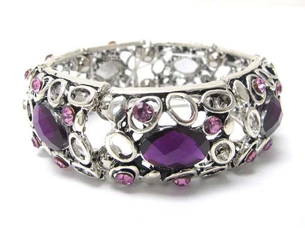 Crystal and glass stone deco metal stretch bracelet