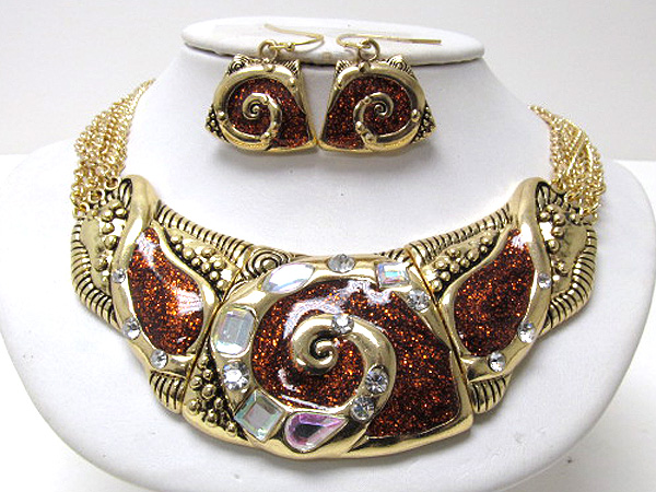 Crystal metal plate organic tribal style drop multi chain  necklace earring set