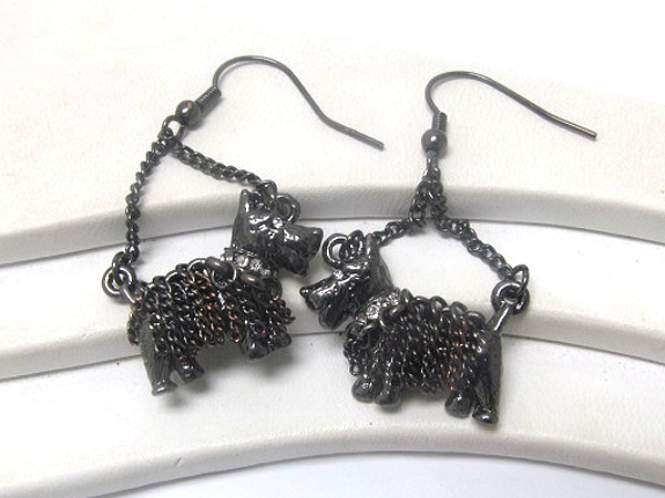 Crystal stud doggy with chain drop earring