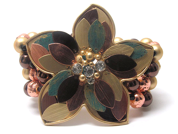 Multi arrowhead disk inside large fashion crystal flower and multi metal balls stretch bracelet