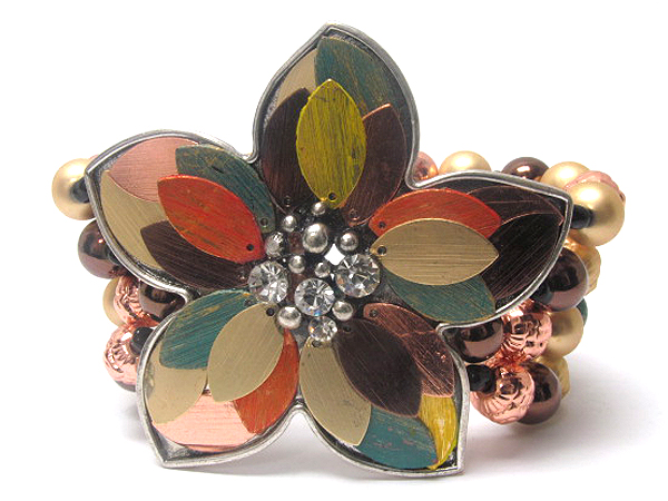 Multi arrowhead disk inside large fashion crystal flower and multi metal balls stretch bracelet