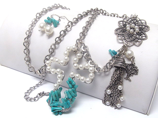 MULTI CHIP STONE AND PEARLS ON CUT OUT CROSS PENDANT AND ON SIDE METAL FILIGREE FLOWER DANGLE DROP LONG CHAIN NECKLACE EARRING SET