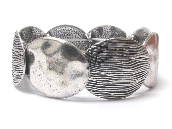 Metal oval hammered and textured casting metal link stretch bracelet