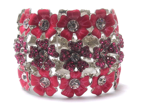 Three line crystal and acryl fashion flowers stretch bracelet