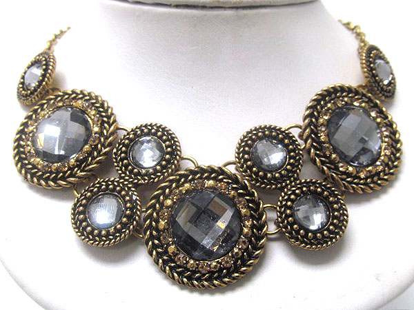 Crystal round textured metal inside crystal glass chain necklace