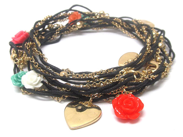 METAL HEART AND ACRLY ROSE CHARM DANGLE WITH MULTI CRYSTAL GLASS AND METAL SMALL BALLS FASHION CORD WRAP BRACELET