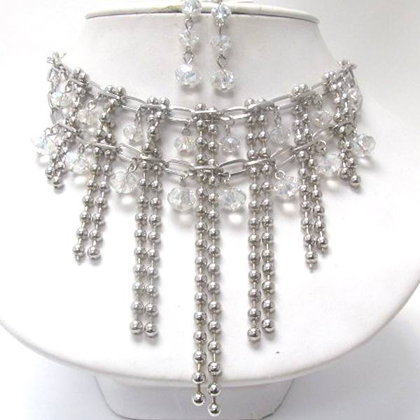 Multi metal balls patern with crystal glass drop chain necklace earring set
