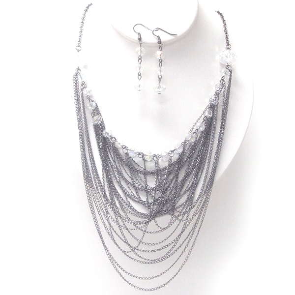 MULTI CHAIN AND ONE LINE CRYSTAL GLASS NECKLACE EARRING SET
