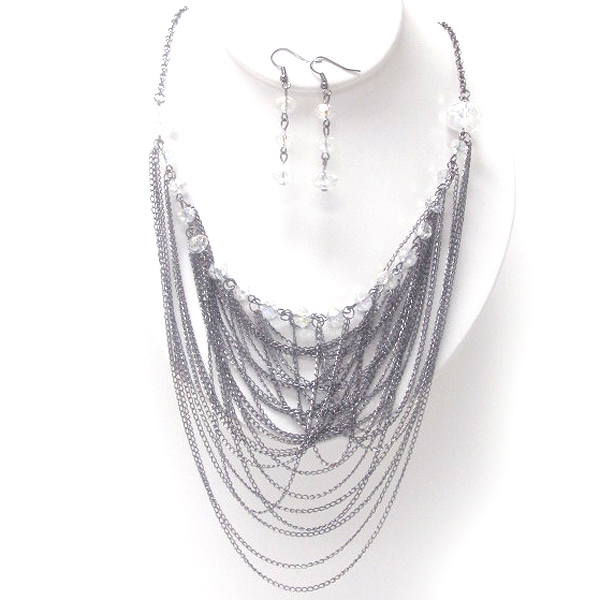 Multi chain and one line crystal glass necklace earring set