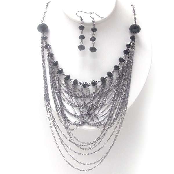 MULTI CHAIN AND ONE LINE CRYSTAL GLASS NECKLACE EARRING SET