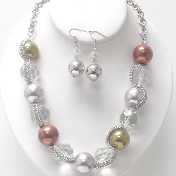 FASHION METAL BALLS AND GLASS BALLS ON FASHION CHAIN NECKLACE EARRING SET