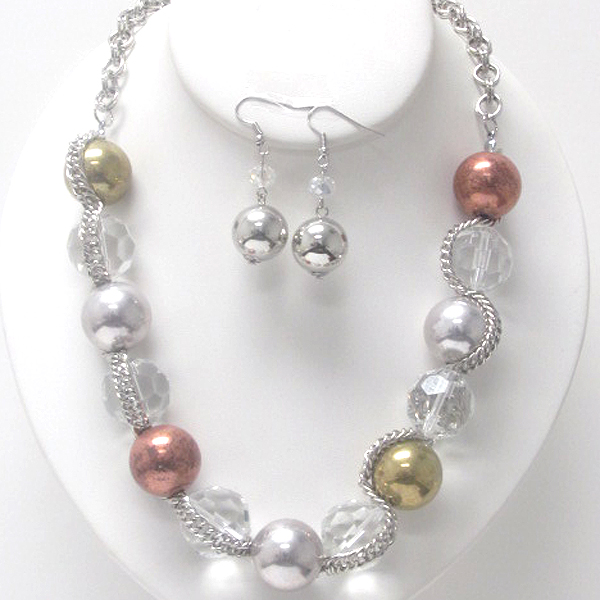 Fashion metal balls and glass balls on fashion chain necklace earring set