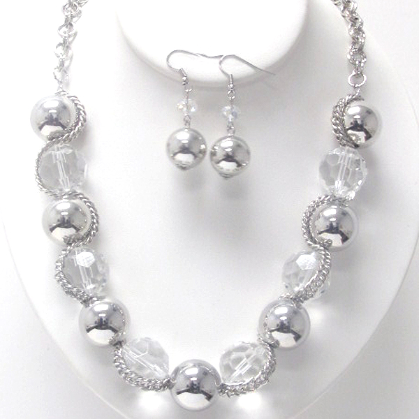 FASHION METAL BALLS AND GLASS BALLS ON FASHION CHAIN NECKLACE EARRING SET