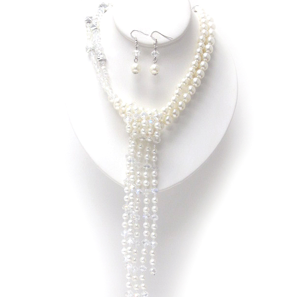 Fashion double layer half pearl and half crystal glass with metal puffy box drop crystal glass and pearl drop line dangle necklace earring set