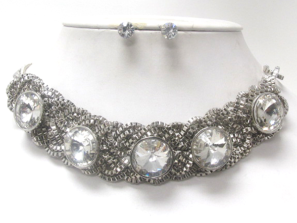 Five round crystal on braided snake chain necklace earring set