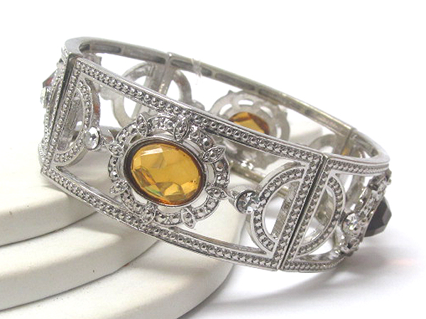 Crtstal filigree and oval glass stone stretch bracelet