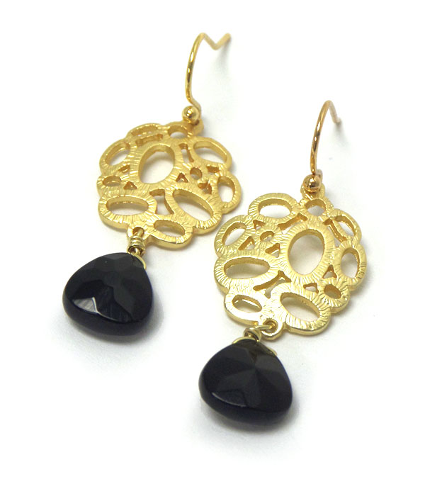 Genuine semi precious stone hook metal earrings - jet