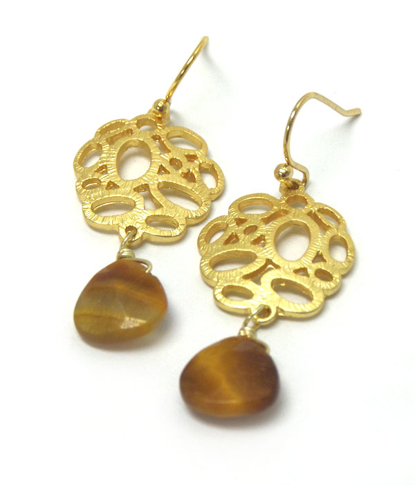 Genuine semi precious stone hook metal earrings - tiger eye