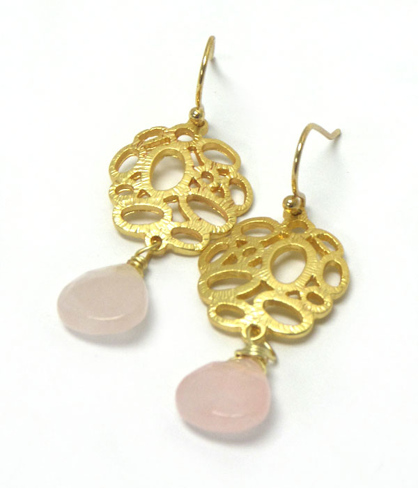 Genuine semi precious stone hook metal earrings - rose quartz 
