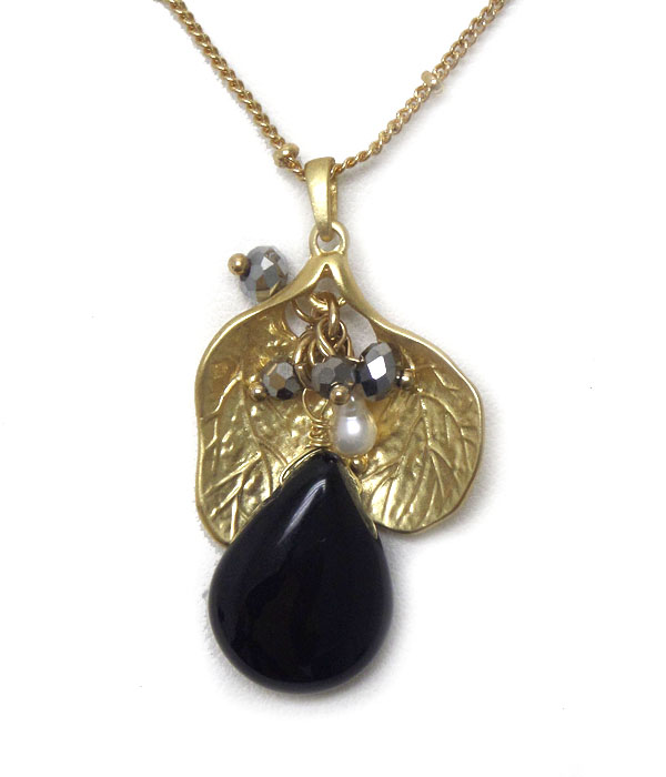 Genuine semi precious stone leaf and stone necklace - jet