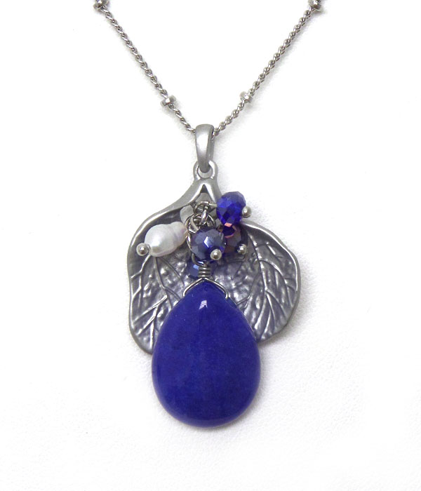 Genuine semi precious stone leaf and stone necklace - blue