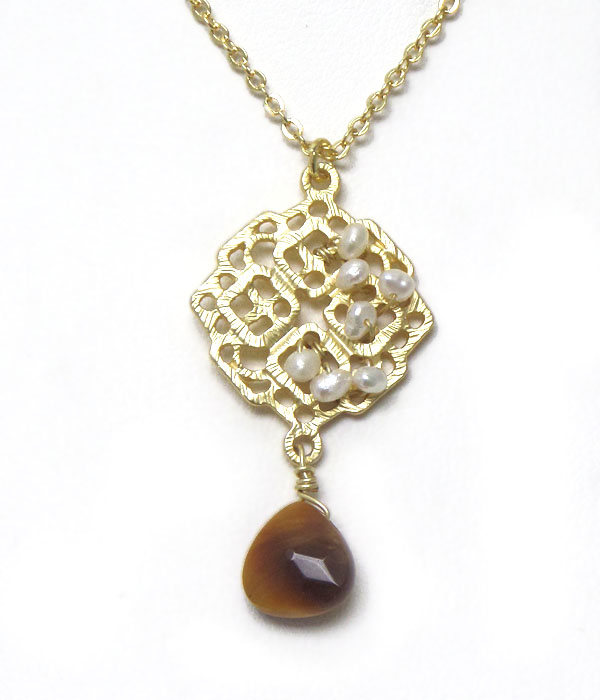 Genuine semi precious stone metal square with pearls - tiger eye
