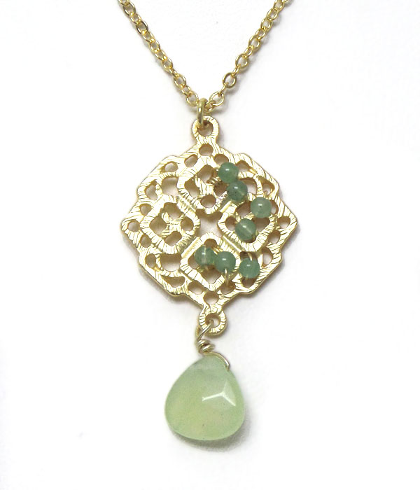 Genuine semi precious stone metal square with pearls - opal green 