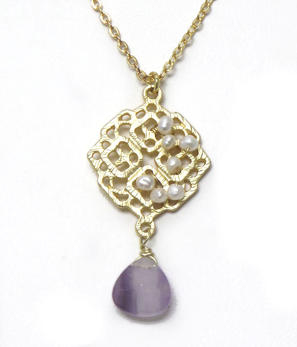 Genuine semi precious stone metal square with pearls - lavander