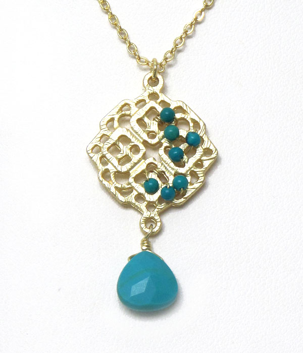 Genuine semi precious stone metal square with pearls - turquoise 