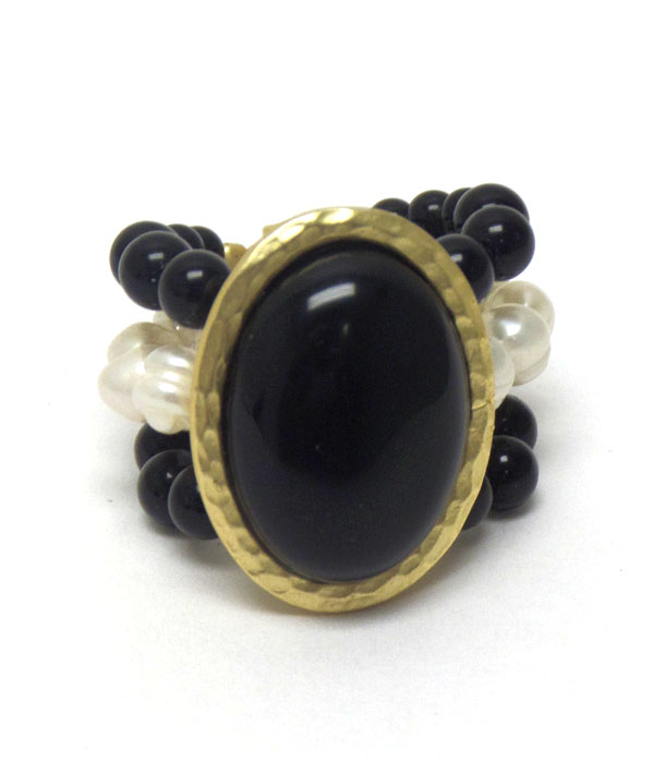 Genuine semi precious stone three layer bead ring - jet