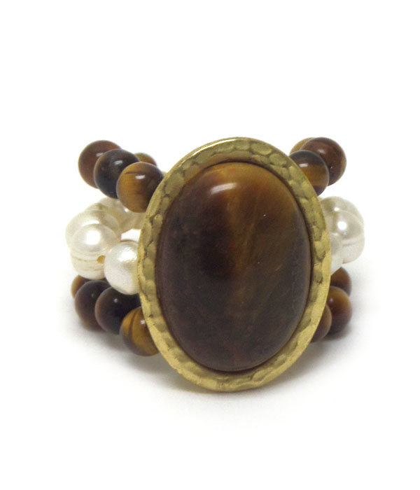 Genuine semi precious stone three layer bead ring - tigereye