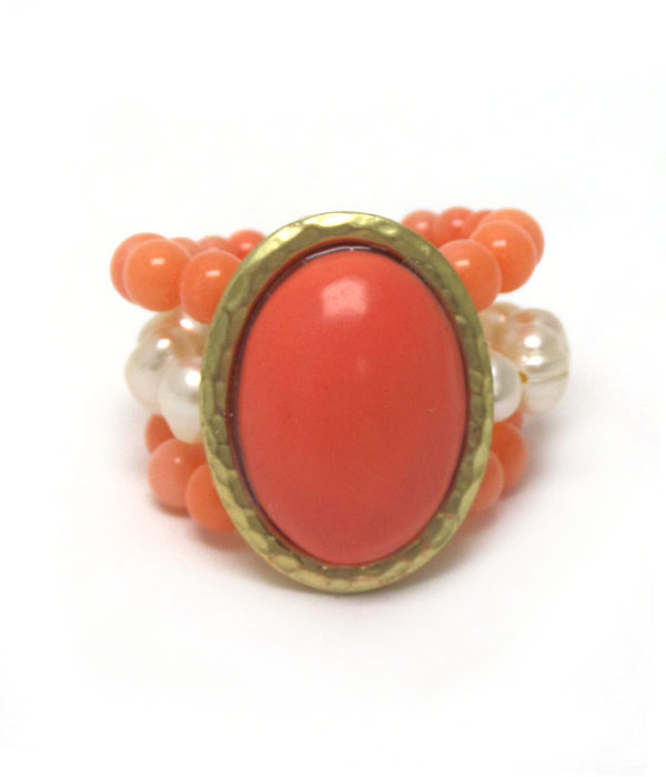 Genuine semi precious stone three layer bead ring - peach quartz