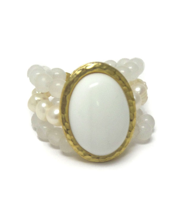 Genuine semi precious stone three layer bead ring - white