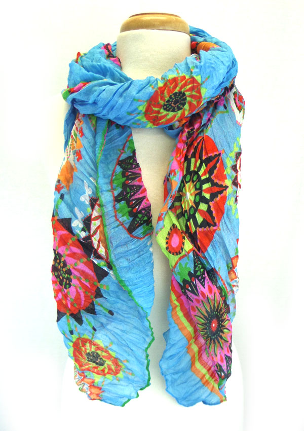 Multi color flower print wrinkled scarf
