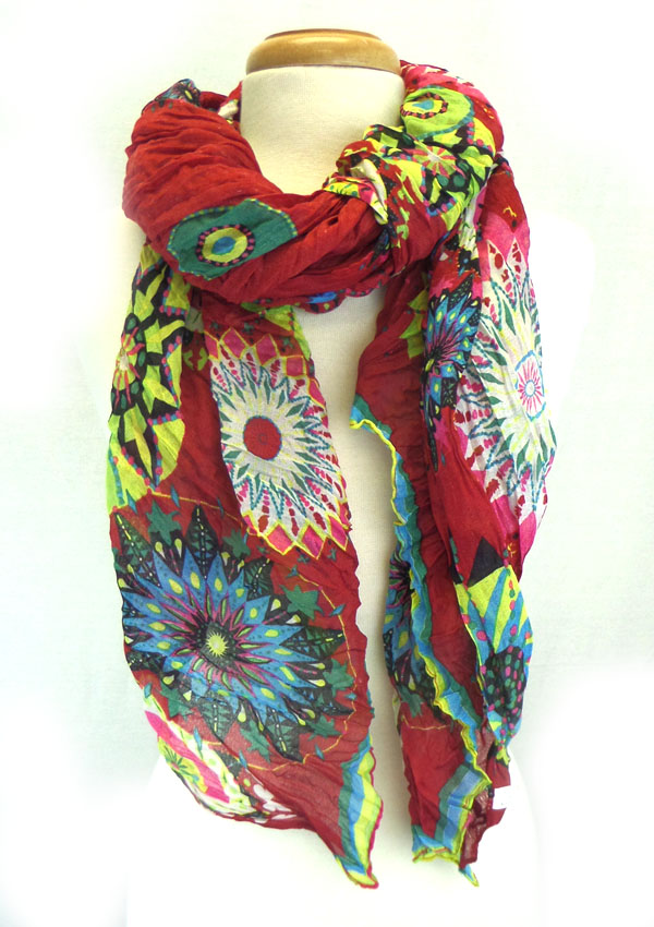 Multi color flower print wrinkled scarf