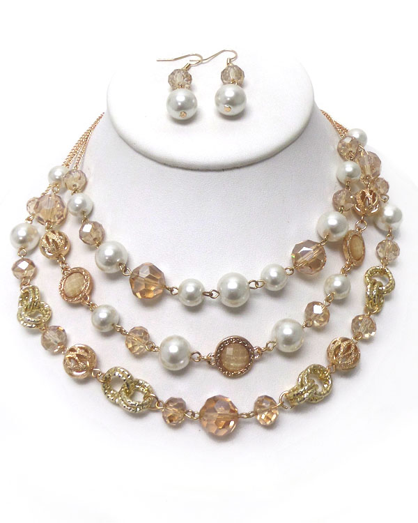 Three layered multi glass beads and pearl link necklace set