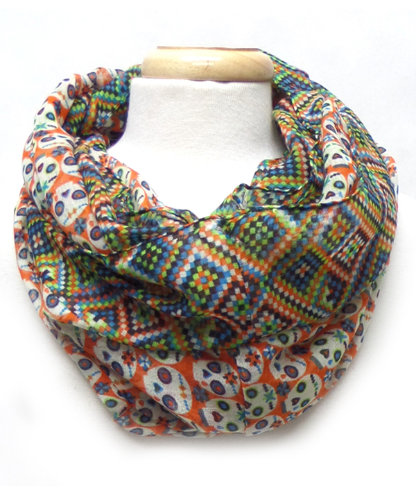 Aztec and skull mix pattern infinity scarf -western