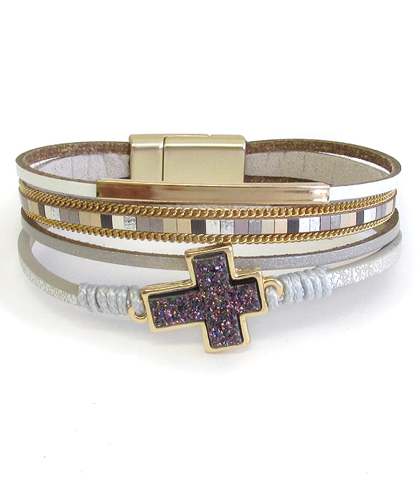 Multi layer leatherette magnetic bracelet - druzy cross