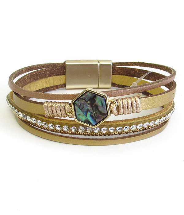 Multi layer leatherette magnetic bracelet - abalone