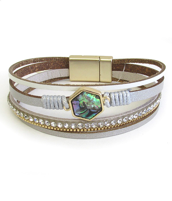 Multi layer leatherette magnetic bracelet - abalone
