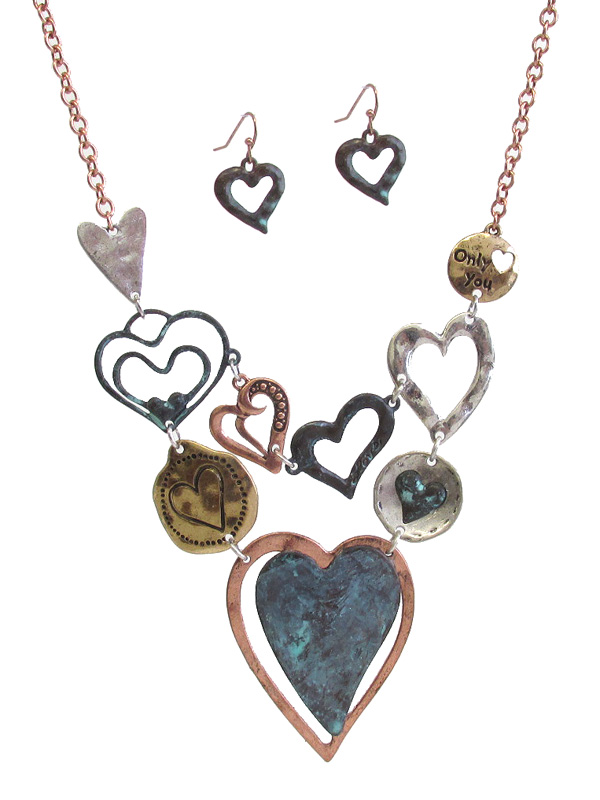 VINTAGE RUSTIC MULTI METAL HEART LINK BIB NECKLACE SET