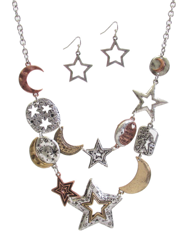MULTI METAL STAR AND MOON LINK BIB NECKLACE SET