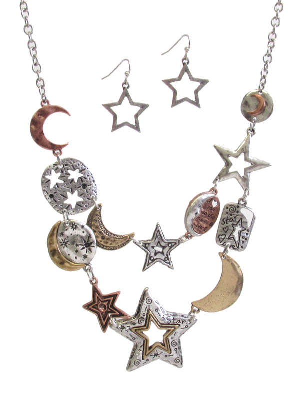 Multi metal star and moon link bib necklace set