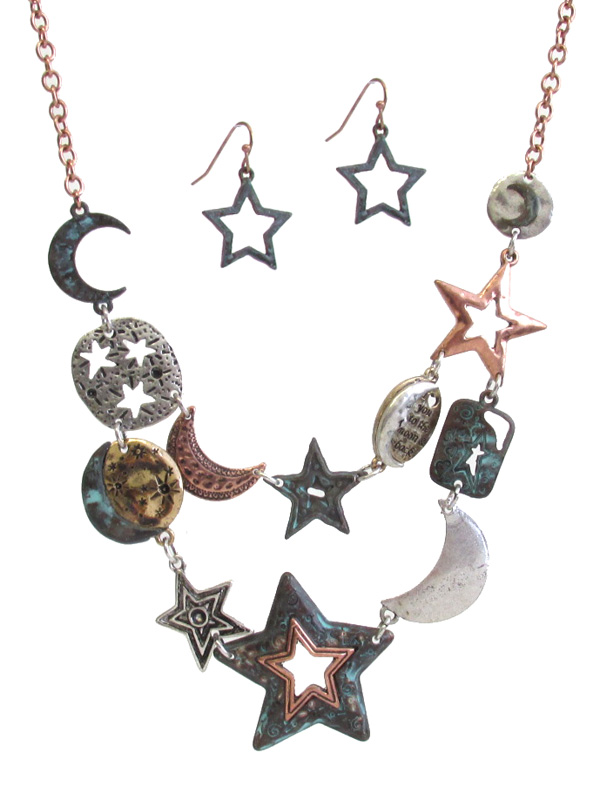 VINTAGE RUSTIC MULTI METAL STAR AND MOON LINK BIB NECKLACE SET