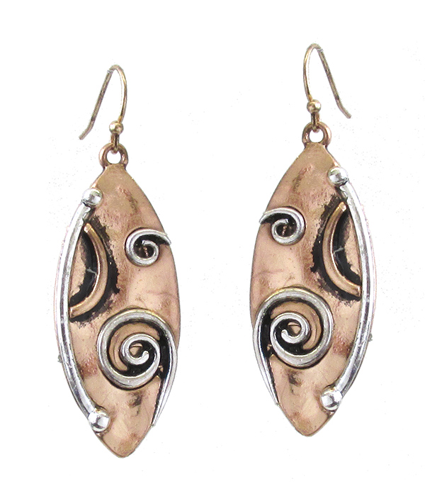 Vintage brutalist spiral metal art marquis disc earring