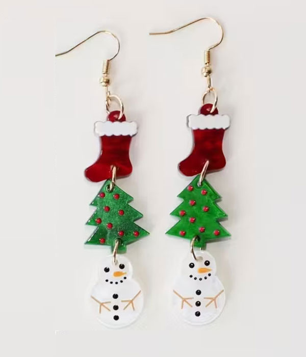 Christmas theme acrylic dangle drop earring - tree snowman