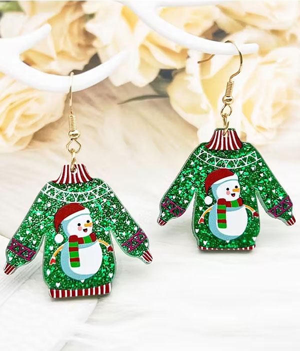 Christmas theme acrylic earring - ugly shirt - snowman