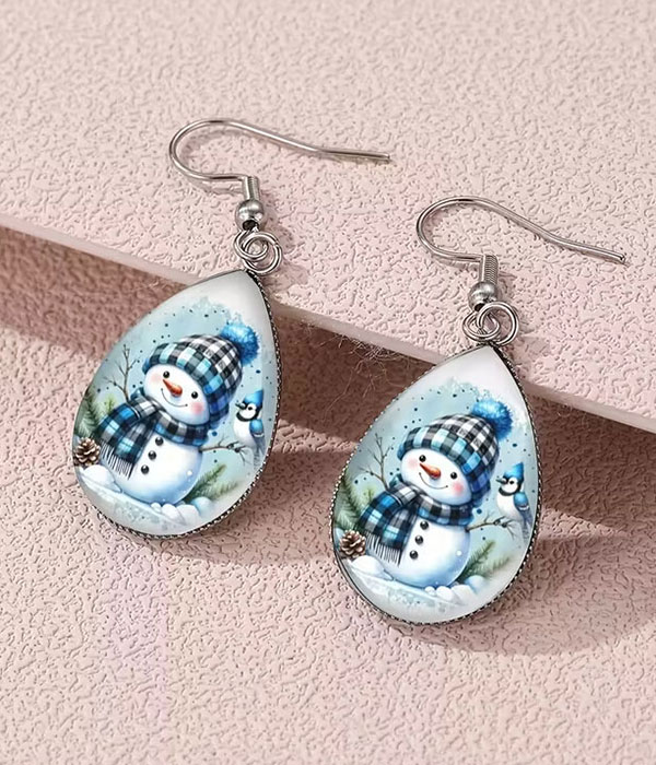 Christmas theme vintage puffy teardrop earring - snowman